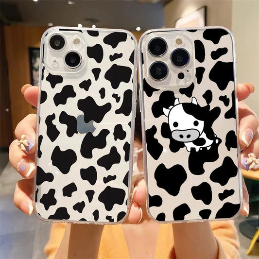 Cute Cow Print Fundas Luxury Transparent Phone Case For iPhone 15 14 13 12 11 Pro Max XS X XR 7 8 Plus Shockproof Cover Fundas