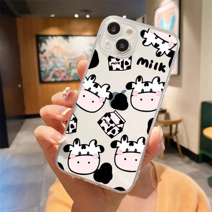 Cute Cow Print Fundas Luxury Transparent Phone Case For iPhone 15 14 13 12 11 Pro Max XS X XR 7 8 Plus Shockproof Cover Fundas