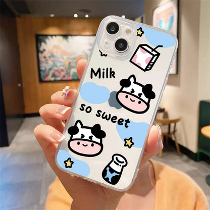 Cute Cow Print Fundas Luxury Transparent Phone Case For iPhone 15 14 13 12 11 Pro Max XS X XR 7 8 Plus Shockproof Cover Fundas