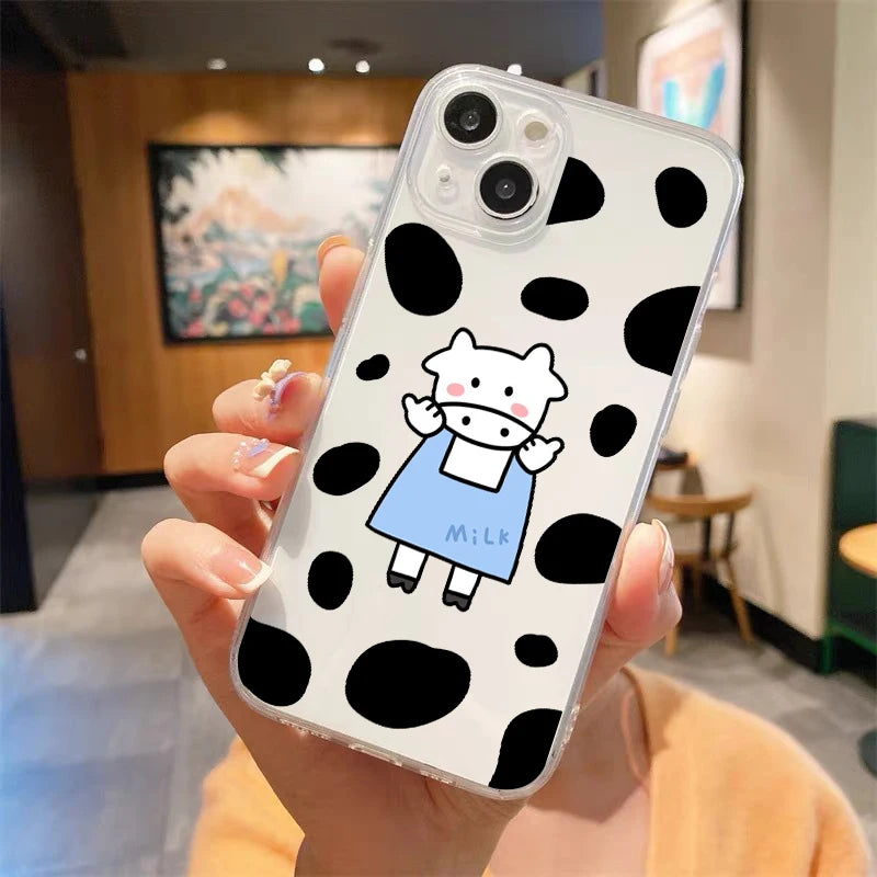 Cute Cow Print Fundas Luxury Transparent Phone Case For iPhone 15 14 13 12 11 Pro Max XS X XR 7 8 Plus Shockproof Cover Fundas