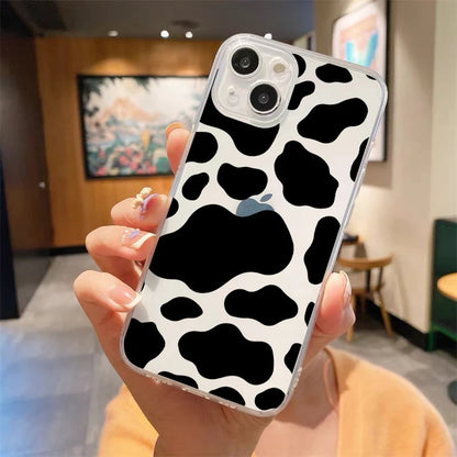 Cute Cow Print Fundas Luxury Transparent Phone Case For iPhone 15 14 13 12 11 Pro Max XS X XR 7 8 Plus Shockproof Cover Fundas