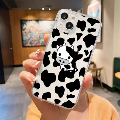 Cute Cow Print Fundas Luxury Transparent Phone Case For iPhone 15 14 13 12 11 Pro Max XS X XR 7 8 Plus Shockproof Cover Fundas