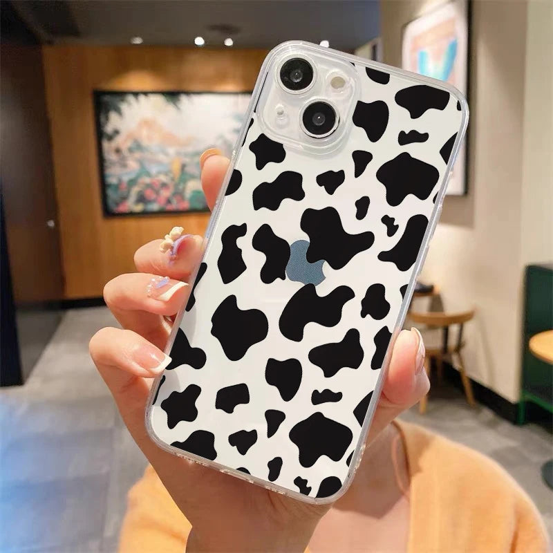 Cute Cow Print Fundas Luxury Transparent Phone Case For iPhone 15 14 13 12 11 Pro Max XS X XR 7 8 Plus Shockproof Cover Fundas
