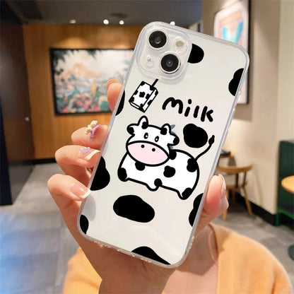 Cute Cow Print Fundas Luxury Transparent Phone Case For iPhone 15 14 13 12 11 Pro Max XS X XR 7 8 Plus Shockproof Cover Fundas