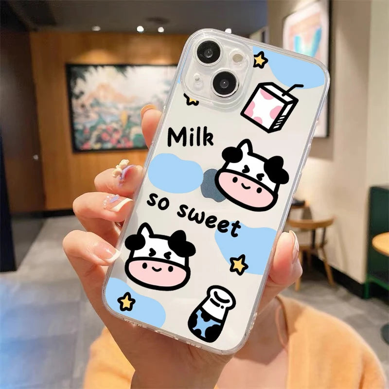 Cute Cow Print Fundas Luxury Transparent Phone Case For iPhone 15 14 13 12 11 Pro Max XS X XR 7 8 Plus Shockproof Cover Fundas