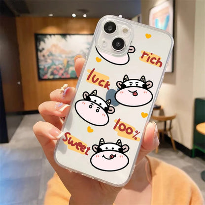 Cute Cow Print Fundas Luxury Transparent Phone Case For iPhone 15 14 13 12 11 Pro Max XS X XR 7 8 Plus Shockproof Cover Fundas