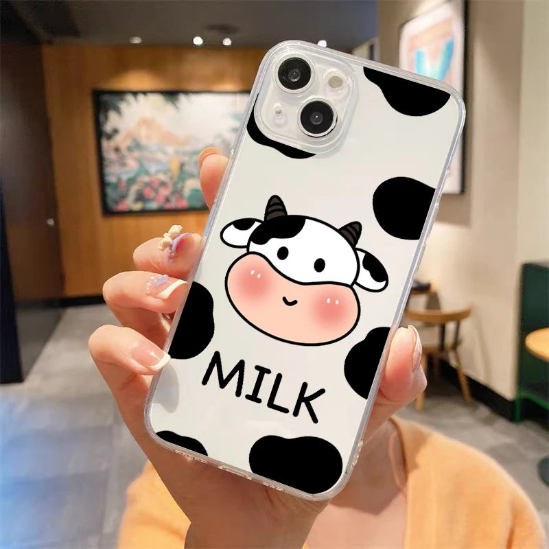 Cute Cow Print Fundas Luxury Transparent Phone Case For iPhone 15 14 13 12 11 Pro Max XS X XR 7 8 Plus Shockproof Cover Fundas